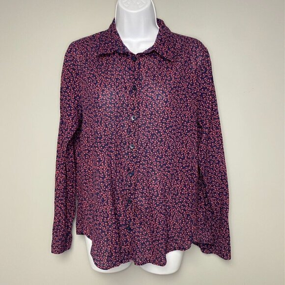 LOFT 100% Cotton Navy Pink Anchor Button Up Long Sleeve Nautical Top Size M - Picture 2 of 6